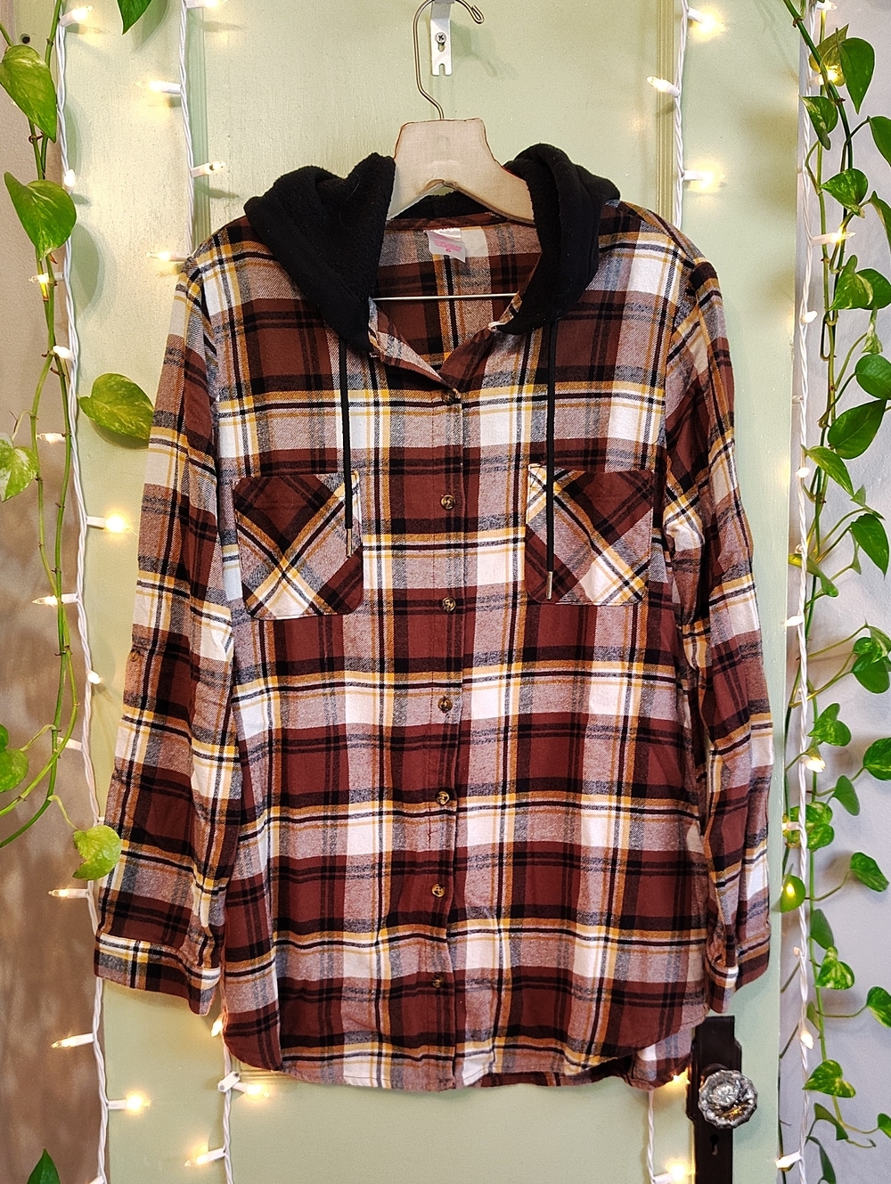 Women's No Boundaries Brown Black Yellow Plaid Flannel Hoodies Button Up XXL